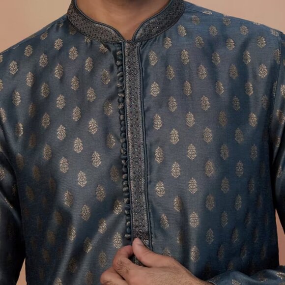Manyavar Grey Kurta Pajama Set With Golden Motif (sherwani) - Picture 8 of 9
